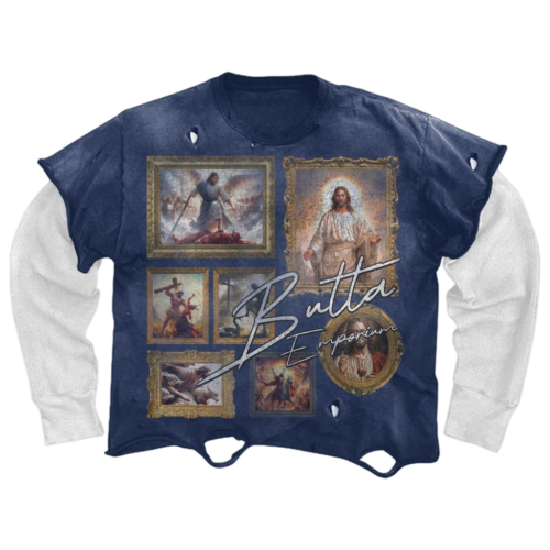 "Emporium" Distressed Long Sleeve - Navy Blue