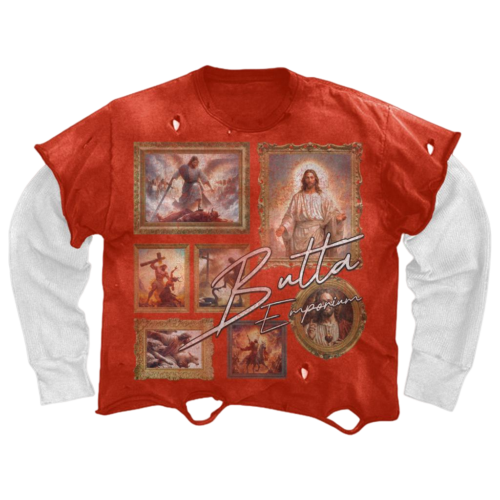 "Emporium" Distressed Long Sleeve - Bright Red